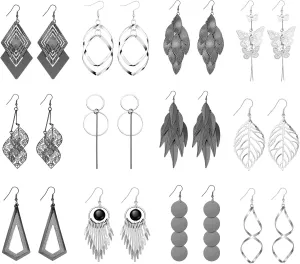 12 Pairs Drop Dangle Earrings Bohemian Long Earrings Vintage Statement Jewelry Holiday Gift for Women(Silver, Black)
