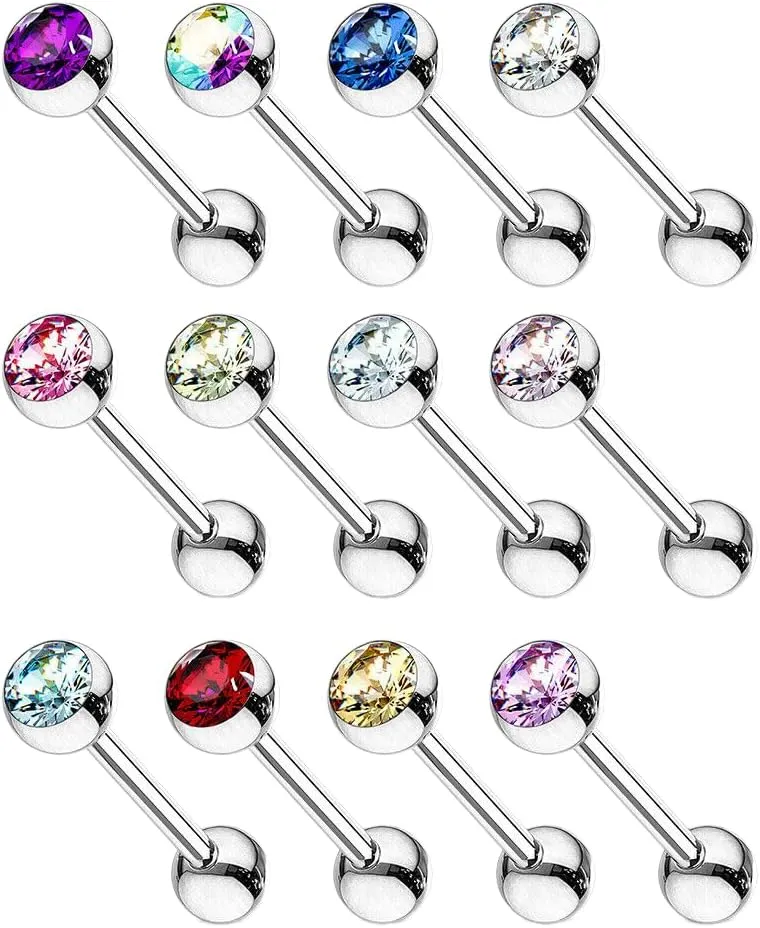 12 Pc 14g 6mm C.Z 316L Surgical Steel Tongue Ring 5/8' (16 mm) Body Unique Jewelry Delicate Design Piercing Steel Surgical For Women