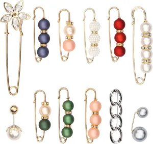 12-Pcs Pearl Brooches for Women, Artificial Pearl Brooch Pins Anti-exposure Neckline Safety Pins Sweater Shawl Clips for Women Wedding Party Decorations