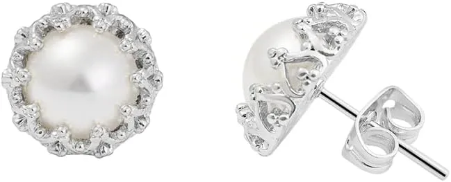 14k Gold Plated Brass Crown Simulated Pearl Stud Earrings