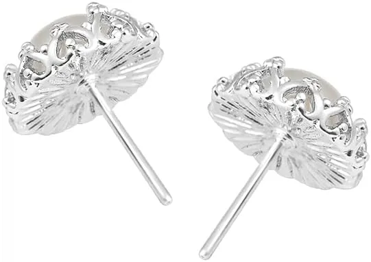 14k Gold Plated Brass Crown Simulated Pearl Stud Earrings