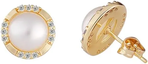 14k Gold Plated Brass Simulated Pearl Cutting Halo Stud Earrings with CZ