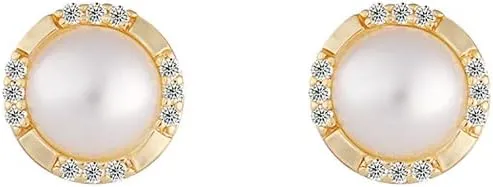 14k Gold Plated Brass Simulated Pearl Cutting Halo Stud Earrings with CZ