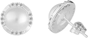14k Gold Plated Brass Simulated Pearl Cutting Halo Stud Earrings with CZ