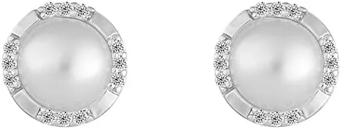 14k Gold Plated Brass Simulated Pearl Cutting Halo Stud Earrings with CZ