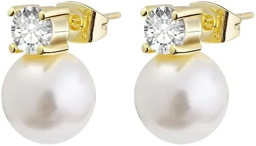 14k Gold Plated Brass Simulated Pearl Stud Earrings with CZ Top