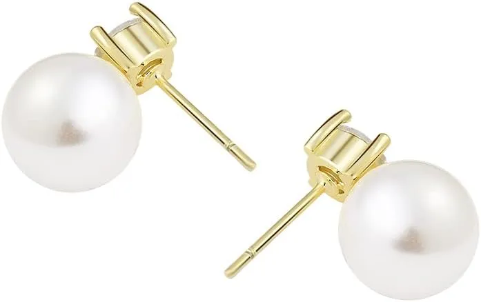 14k Gold Plated Brass Simulated Pearl Stud Earrings with CZ Top