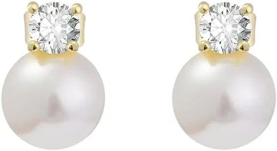 14k Gold Plated Brass Simulated Pearl Stud Earrings with CZ Top