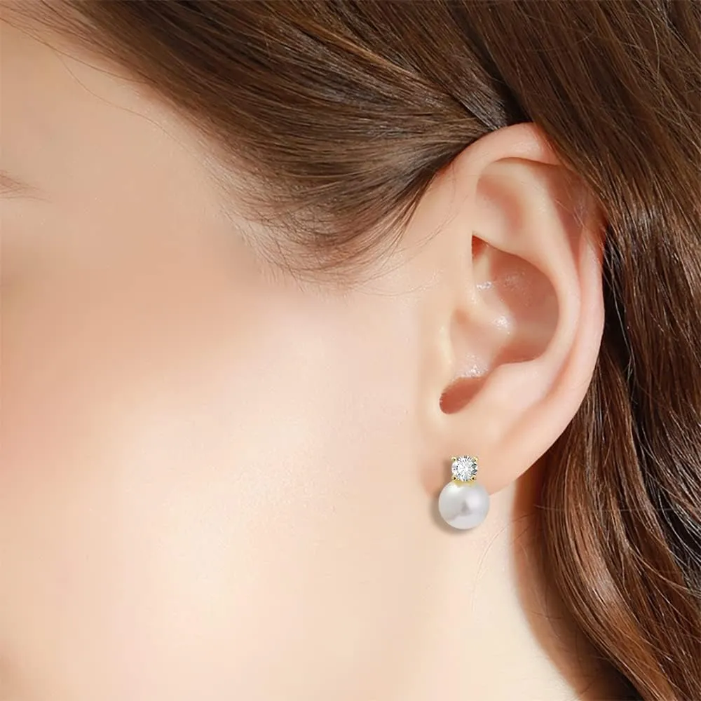 14k Gold Plated Brass Simulated Pearl Stud Earrings with CZ Top