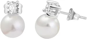 14k Gold Plated Brass Simulated Pearl Stud Earrings with CZ Top