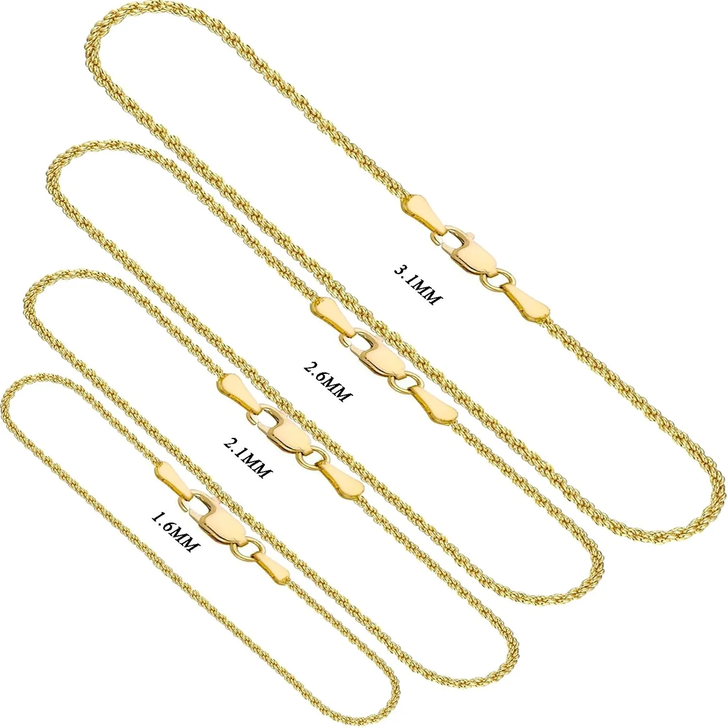 14K Real Solid Yellow Gold 1.6mm 2.1mm 2.6mm 3.1mm 4.1mm 5.1mm 6.1mm Rope Chain Necklace with Lobster Clasp for Men and Women