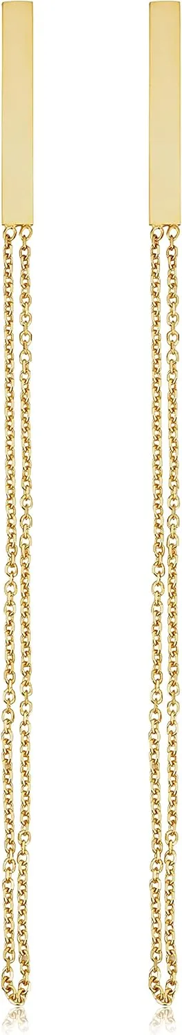 14k Yellow Gold Bar And Chain Drop Earrings (2.6 inches long)