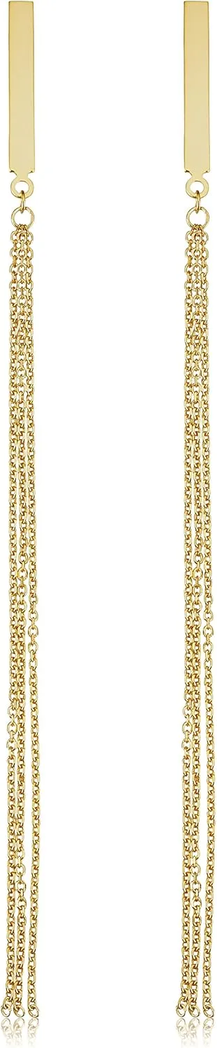 14k Yellow Gold Bar Tassel Chain Drop Earrings (2.6 inches long)