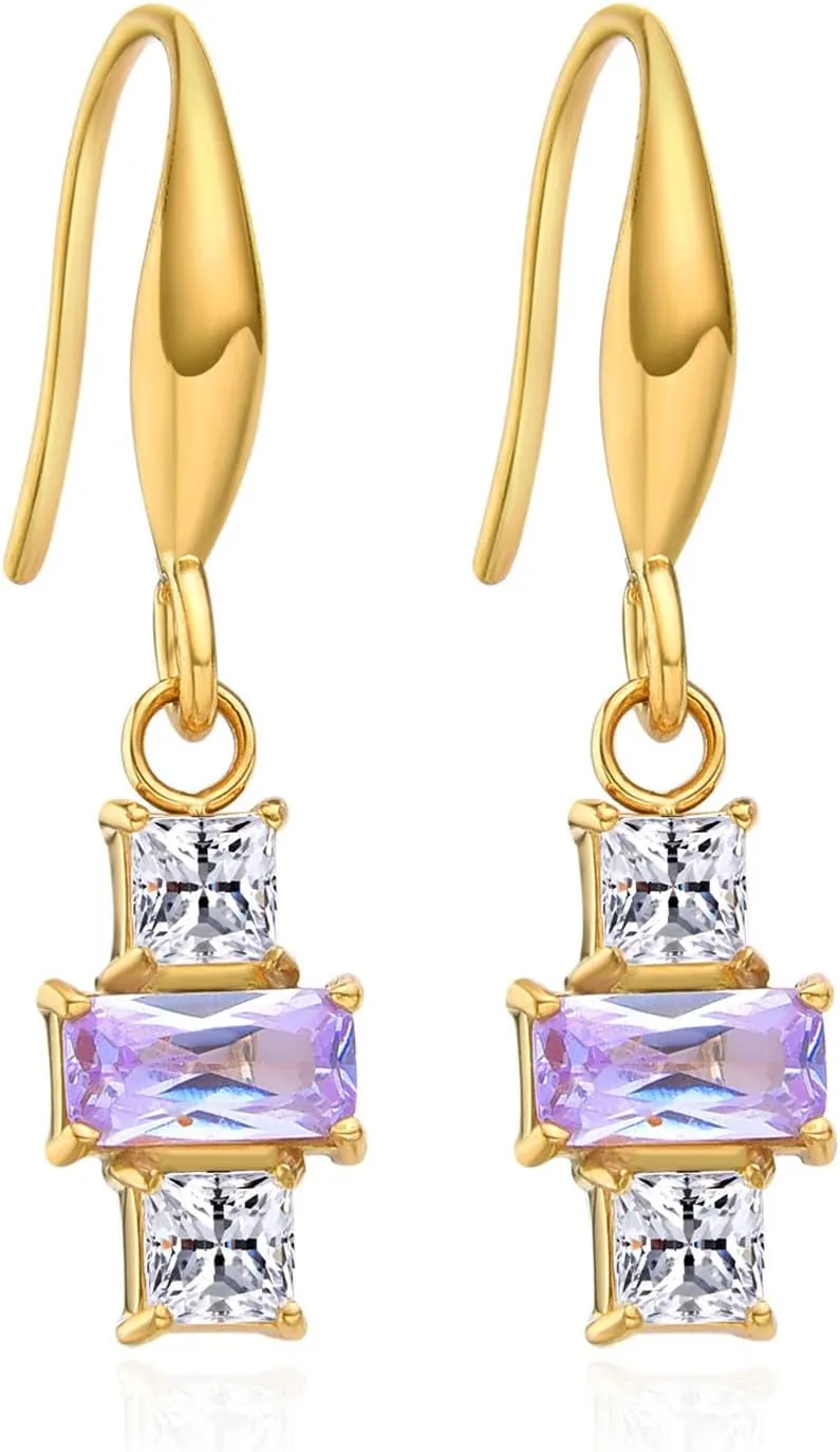 18K Gold Plated Cubic Zirconia Drop Dangle Fish Hook Earrings, Stainless Steel Butterfly Cross Bar CZ Dangle Hook Earrings for Women