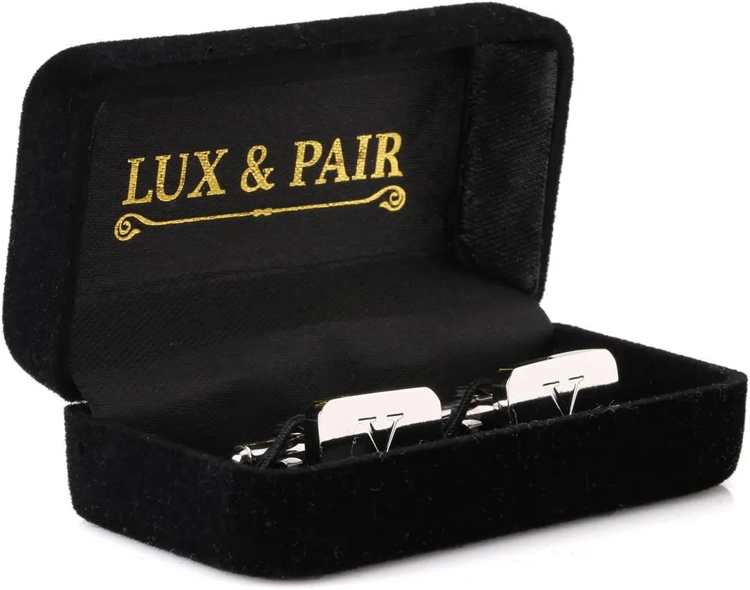 18K White-Gold Plated Initial Engraved Stainless Steel Mens Cufflinks With Gift Box -Personalized Alphabet Letters A-Z By Lux & Pair