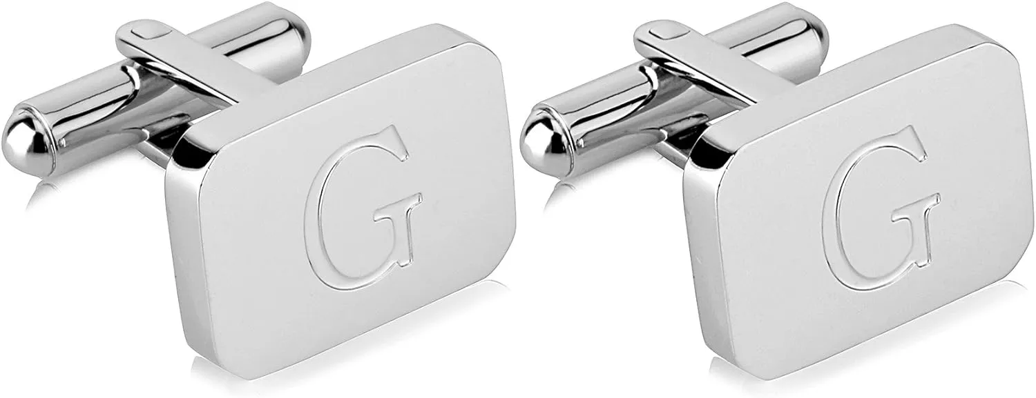 18K White-Gold Plated Initial Engraved Stainless Steel Mens Cufflinks With Gift Box -Personalized Alphabet Letters A-Z By Lux & Pair