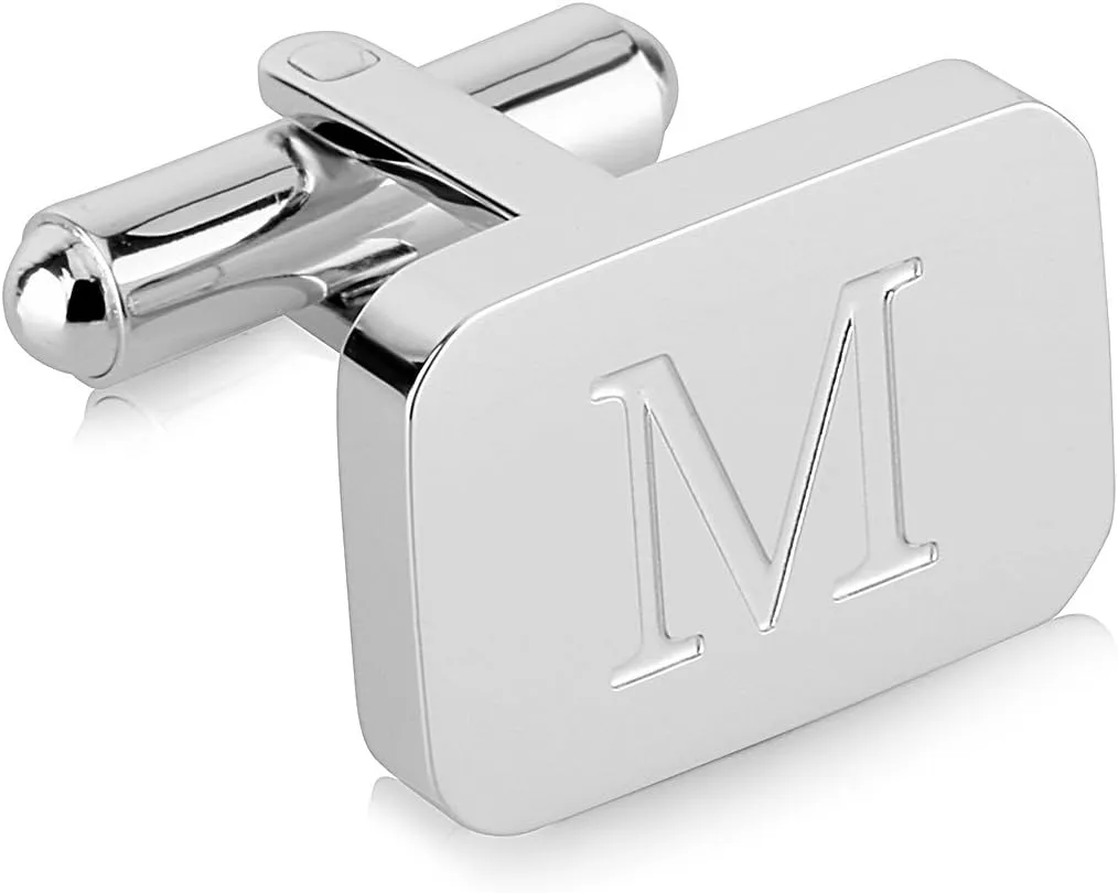 18K White-Gold Plated Initial Engraved Stainless Steel Mens Cufflinks With Gift Box -Personalized Alphabet Letters A-Z By Lux & Pair