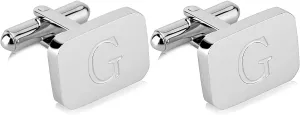 18K White-Gold Plated Initial Engraved Stainless Steel Mens Cufflinks With Gift Box -Personalized Alphabet Letters A-Z By Lux & Pair