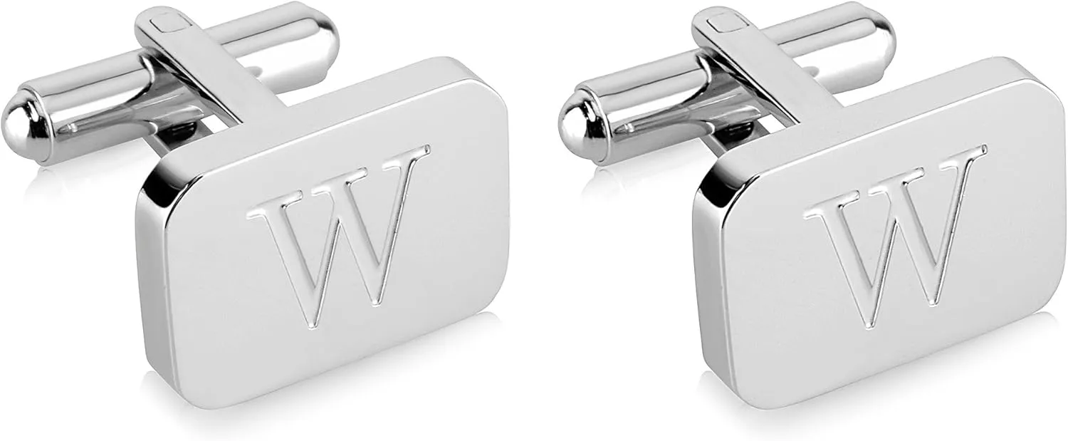 18K White-Gold Plated Initial Engraved Stainless Steel Mens Cufflinks With Gift Box -Personalized Alphabet Letters A-Z By Lux & Pair