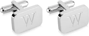 18K White-Gold Plated Initial Engraved Stainless Steel Mens Cufflinks With Gift Box -Personalized Alphabet Letters A-Z By Lux & Pair
