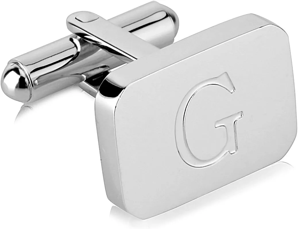 18K White-Gold Plated Initial Engraved Stainless Steel Mens Cufflinks With Gift Box -Personalized Alphabet Letters A-Z By Lux & Pair