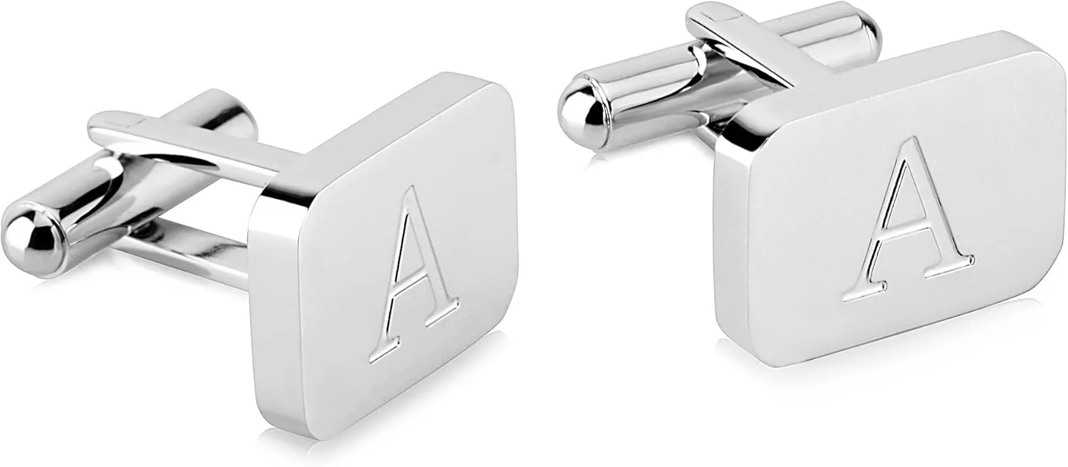 18K White-Gold Plated Initial Engraved Stainless Steel Mens Cufflinks With Gift Box -Personalized Alphabet Letters A-Z By Lux & Pair