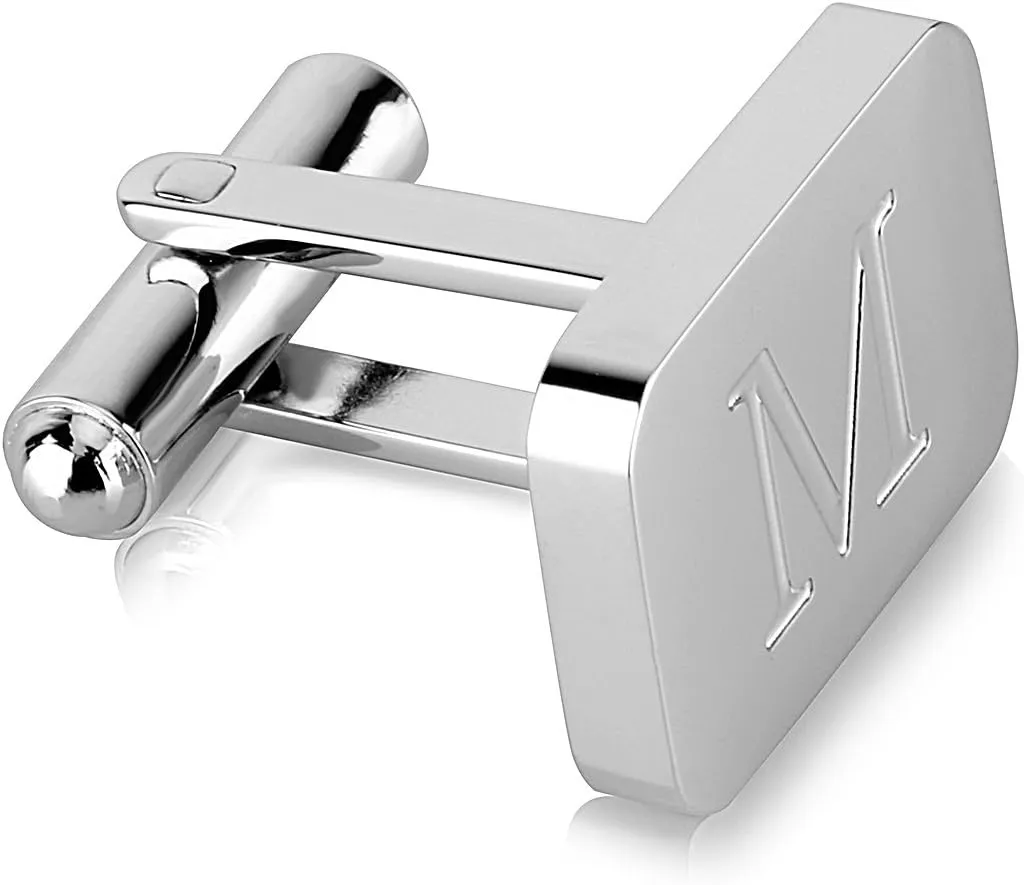 18K White-Gold Plated Initial Engraved Stainless Steel Mens Cufflinks With Gift Box -Personalized Alphabet Letters A-Z By Lux & Pair