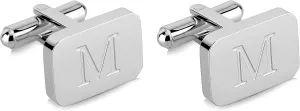 18K White-Gold Plated Initial Engraved Stainless Steel Mens Cufflinks With Gift Box -Personalized Alphabet Letters A-Z By Lux & Pair
