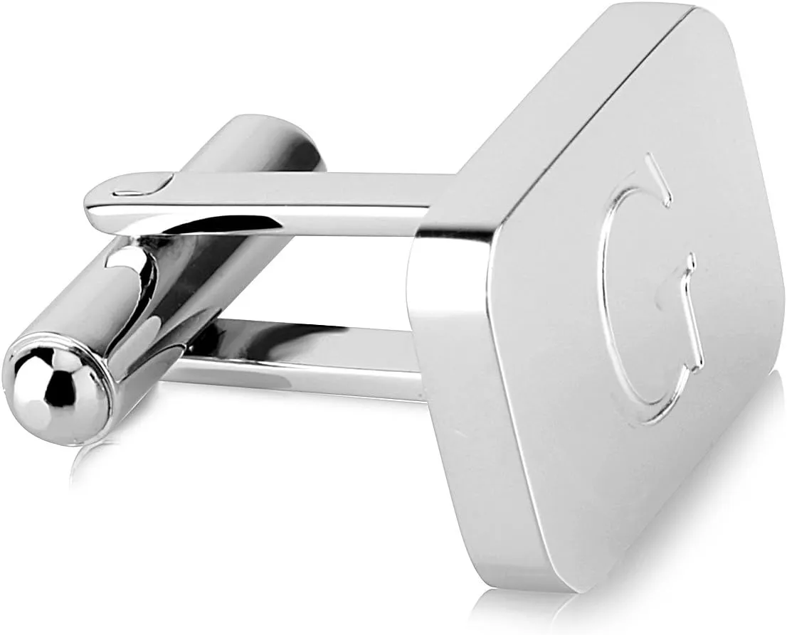18K White-Gold Plated Initial Engraved Stainless Steel Mens Cufflinks With Gift Box -Personalized Alphabet Letters A-Z By Lux & Pair