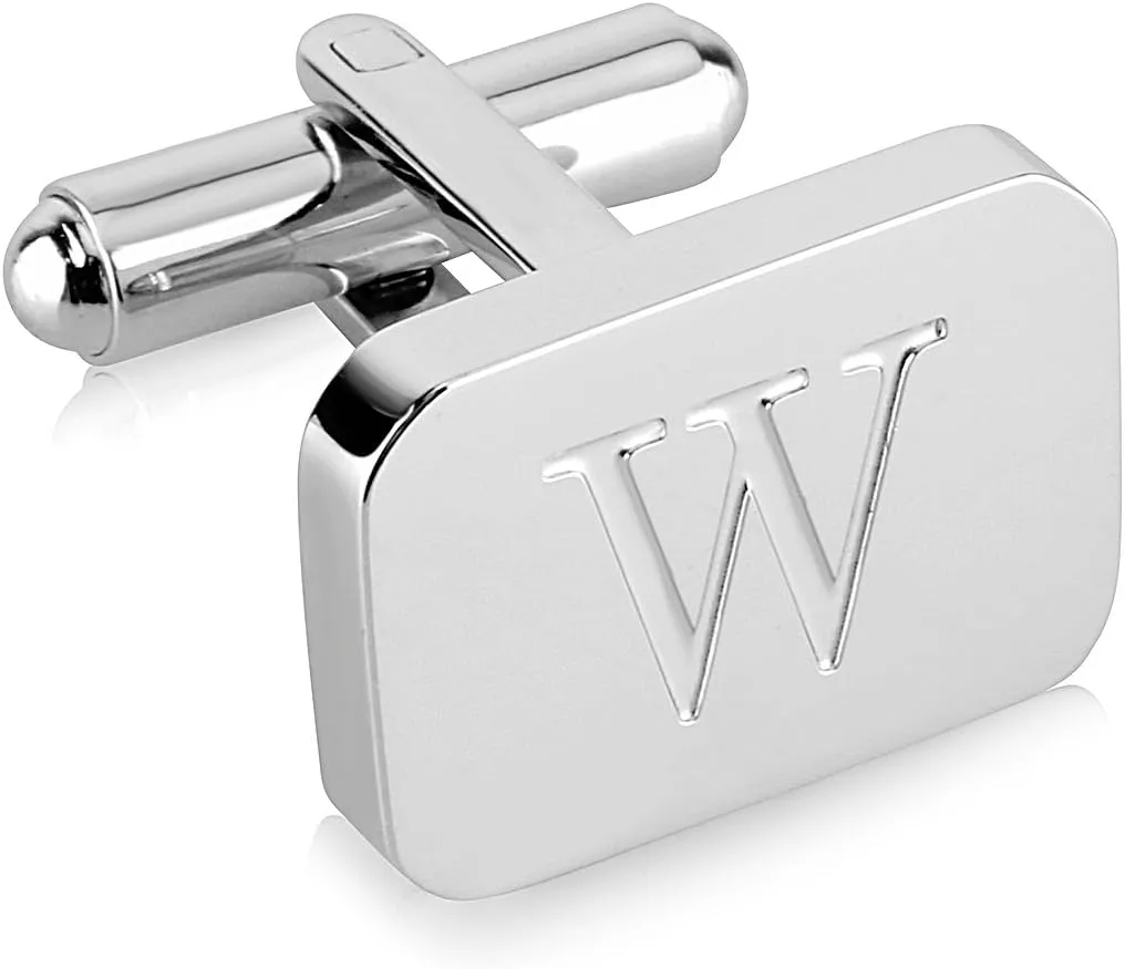 18K White-Gold Plated Initial Engraved Stainless Steel Mens Cufflinks With Gift Box -Personalized Alphabet Letters A-Z By Lux & Pair