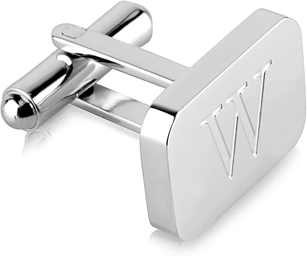 18K White-Gold Plated Initial Engraved Stainless Steel Mens Cufflinks With Gift Box -Personalized Alphabet Letters A-Z By Lux & Pair