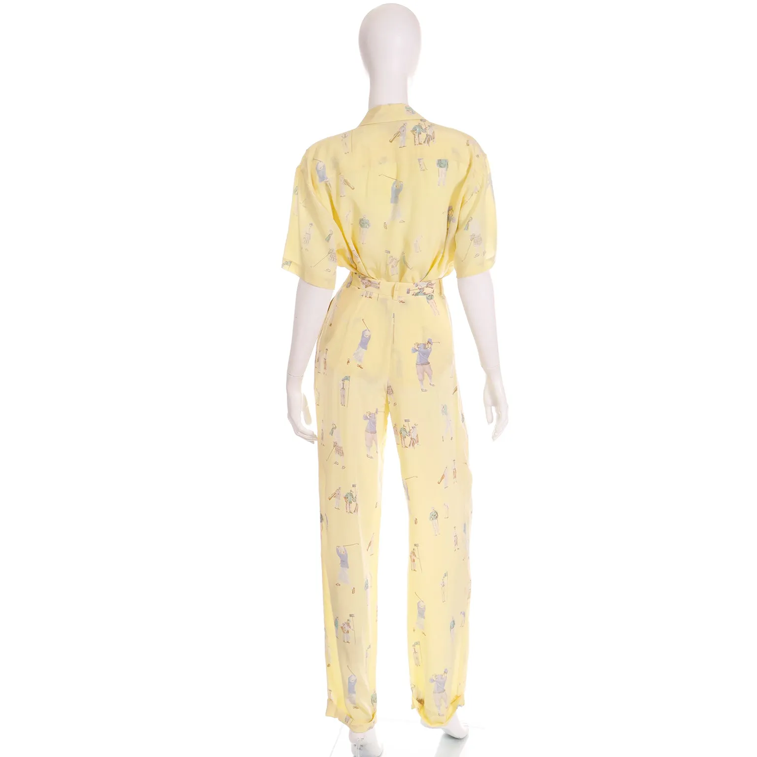 1980s Ralph Lauren Silk Pants & Blouse Outfit in Yellow Golfers Print