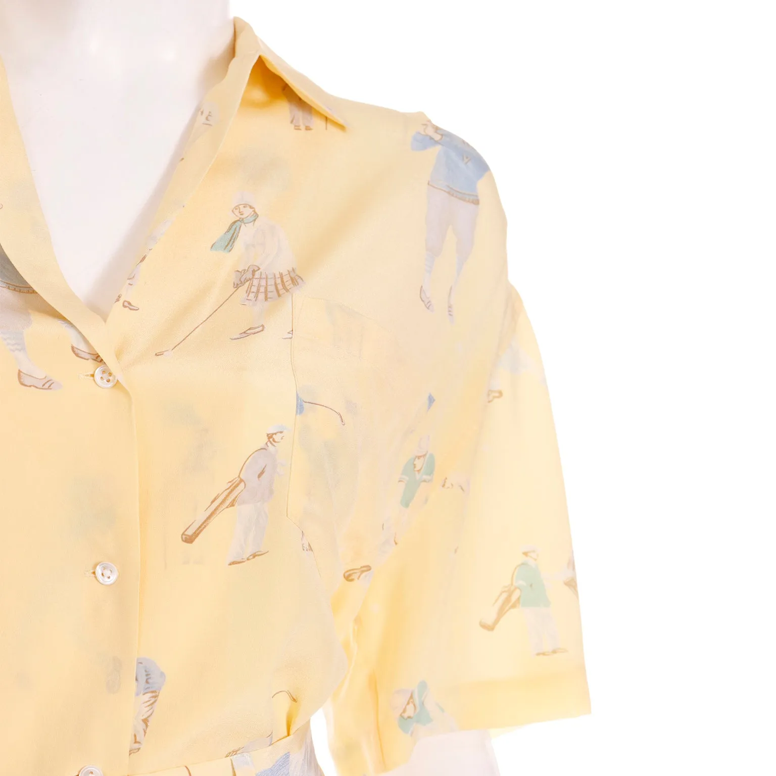 1980s Ralph Lauren Silk Pants & Blouse Outfit in Yellow Golfers Print