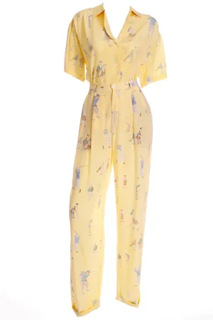 1980s Ralph Lauren Silk Pants & Blouse Outfit in Yellow Golfers Print