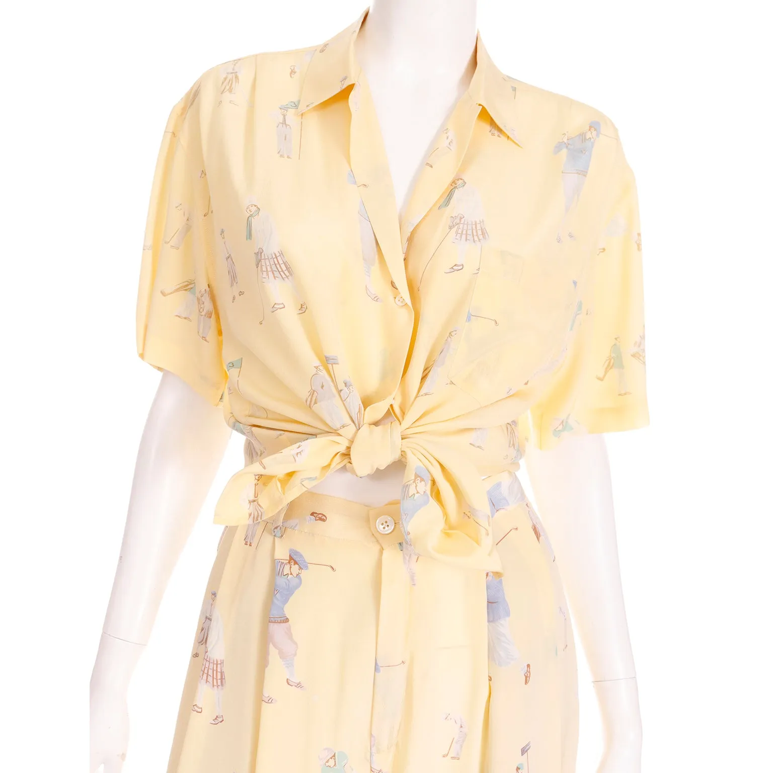1980s Ralph Lauren Silk Pants & Blouse Outfit in Yellow Golfers Print