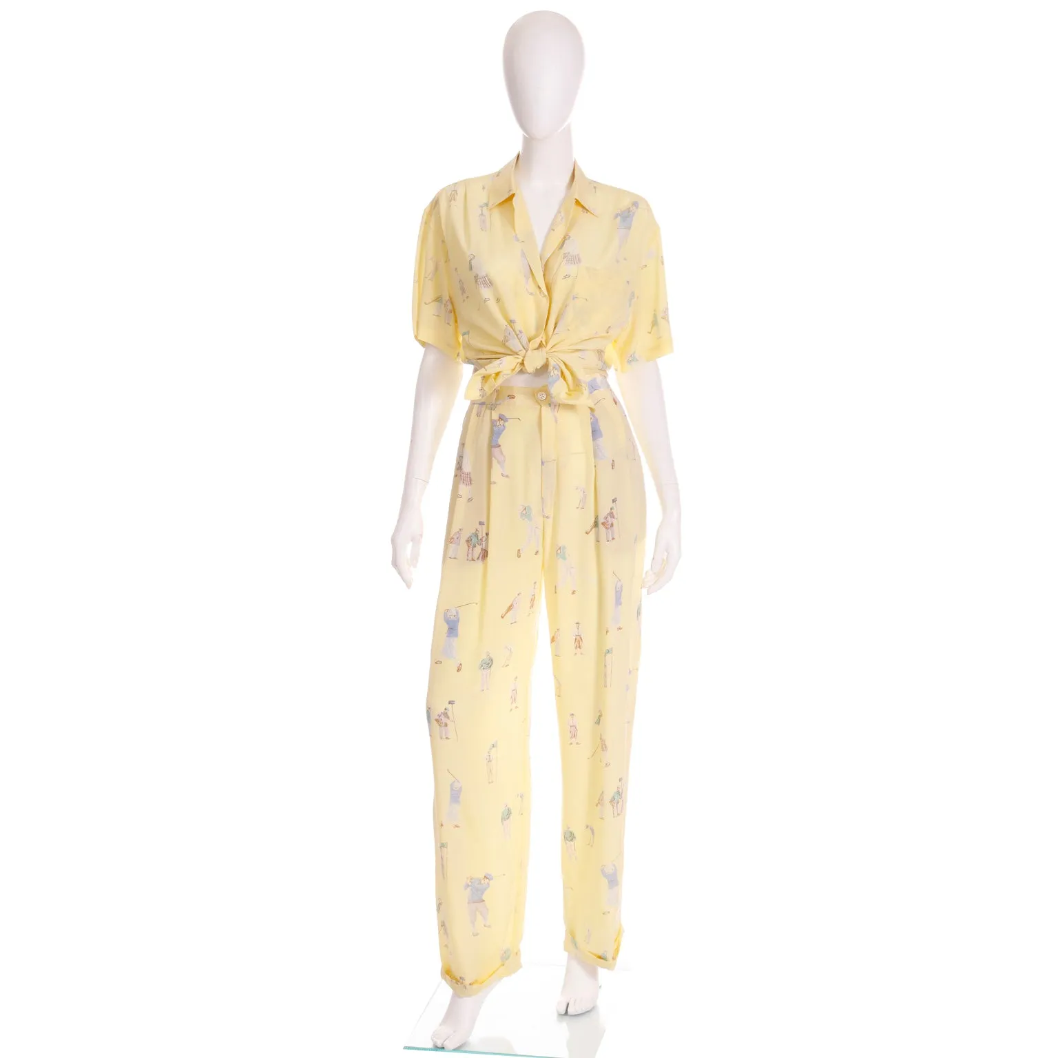 1980s Ralph Lauren Silk Pants & Blouse Outfit in Yellow Golfers Print