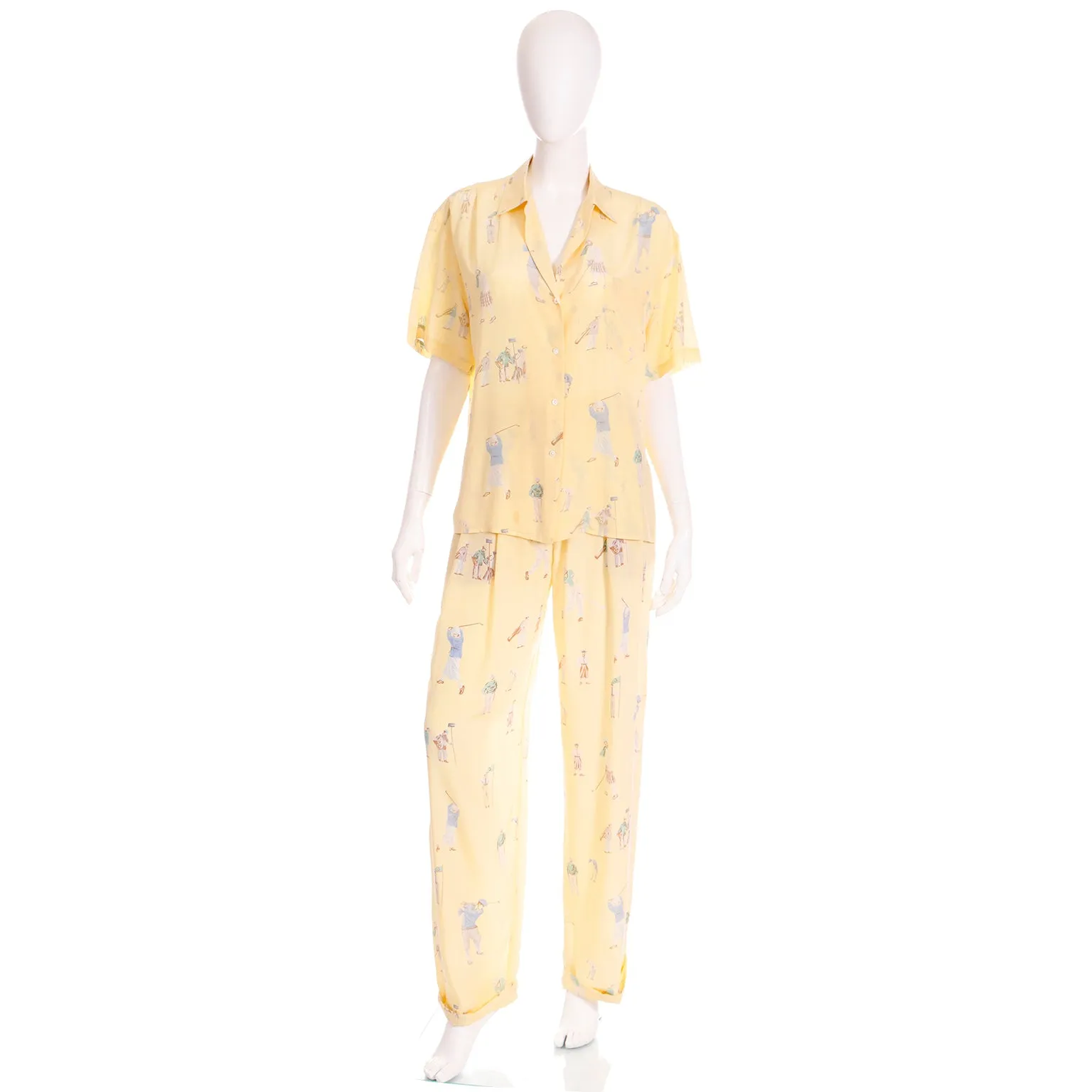 1980s Ralph Lauren Silk Pants & Blouse Outfit in Yellow Golfers Print