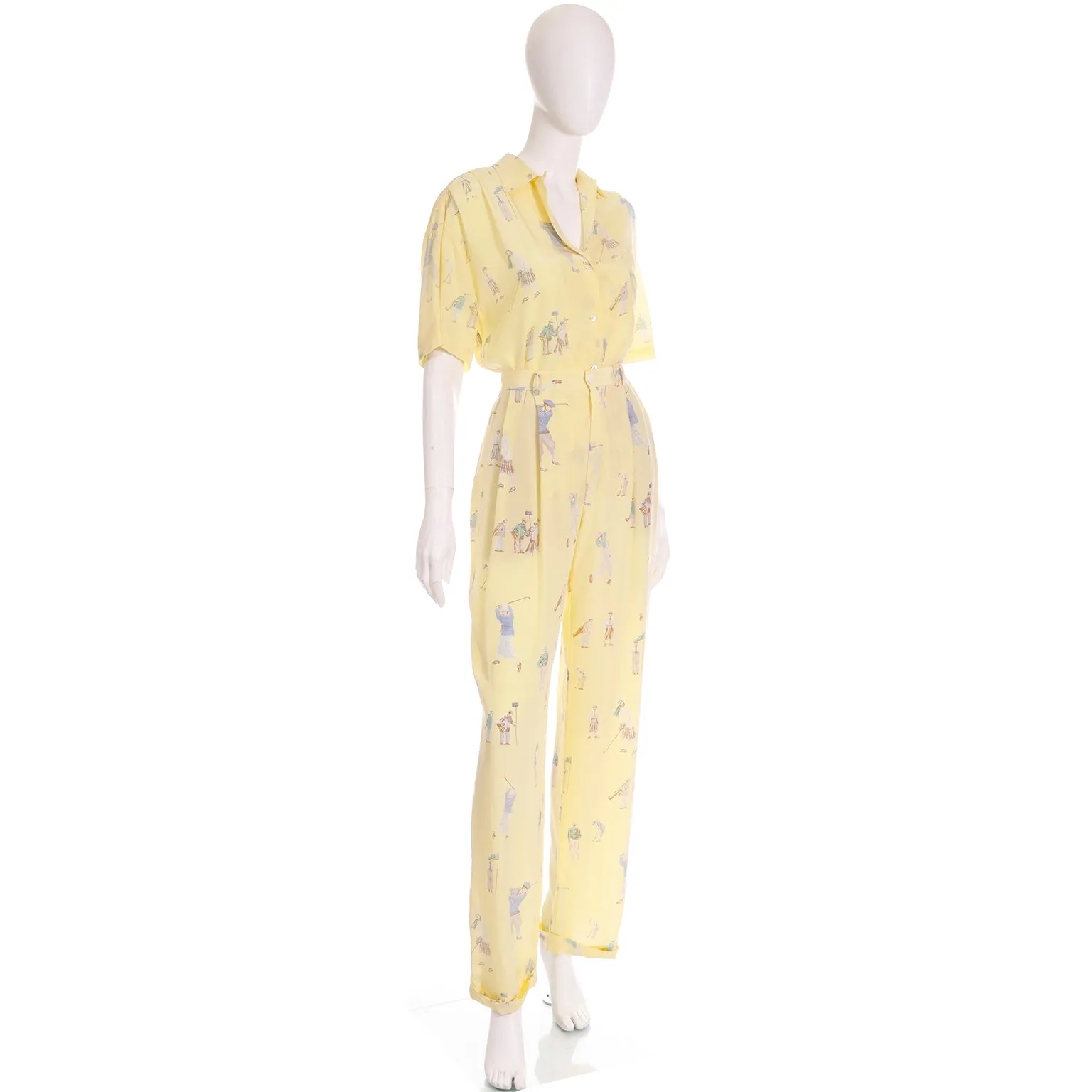 1980s Ralph Lauren Silk Pants & Blouse Outfit in Yellow Golfers Print