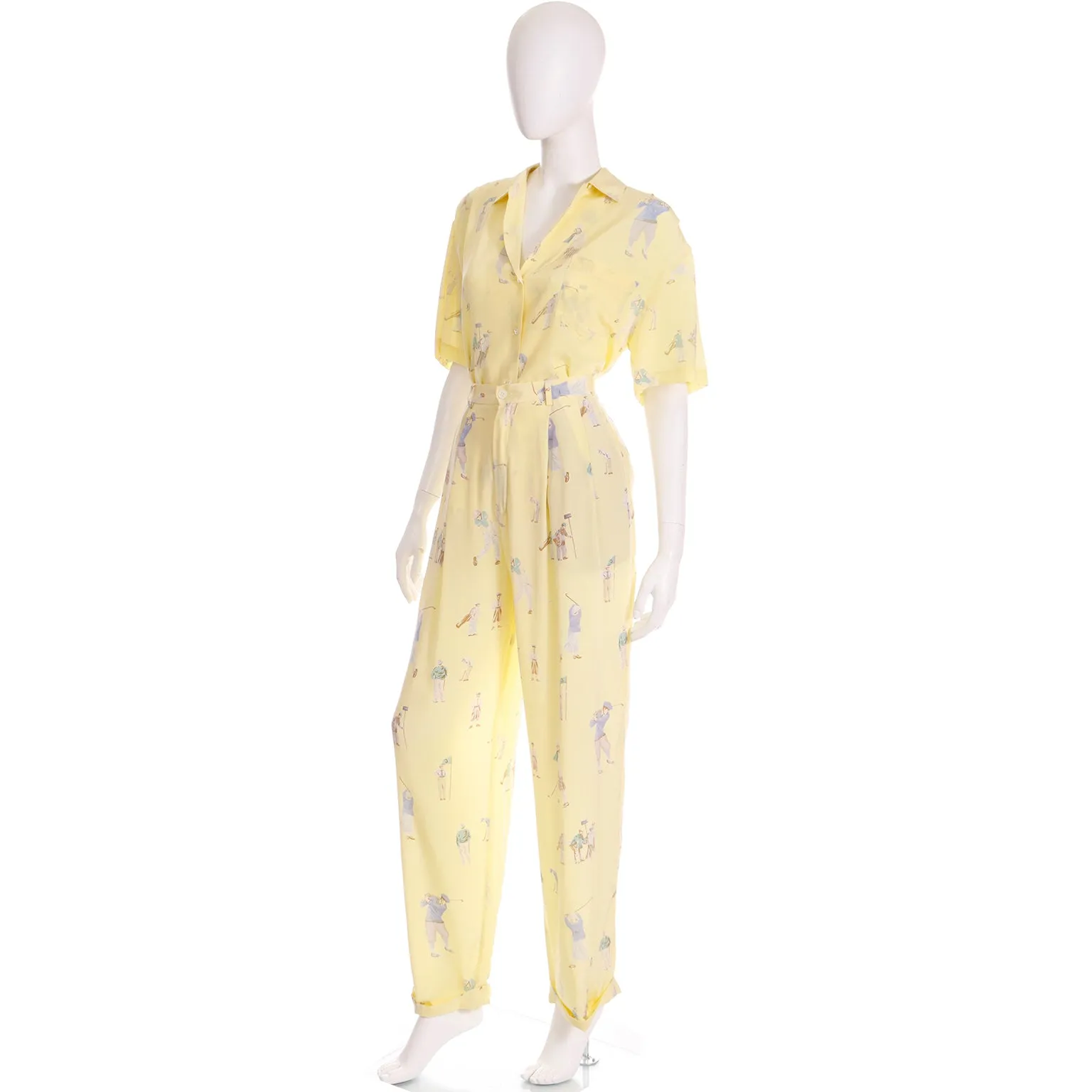 1980s Ralph Lauren Silk Pants & Blouse Outfit in Yellow Golfers Print