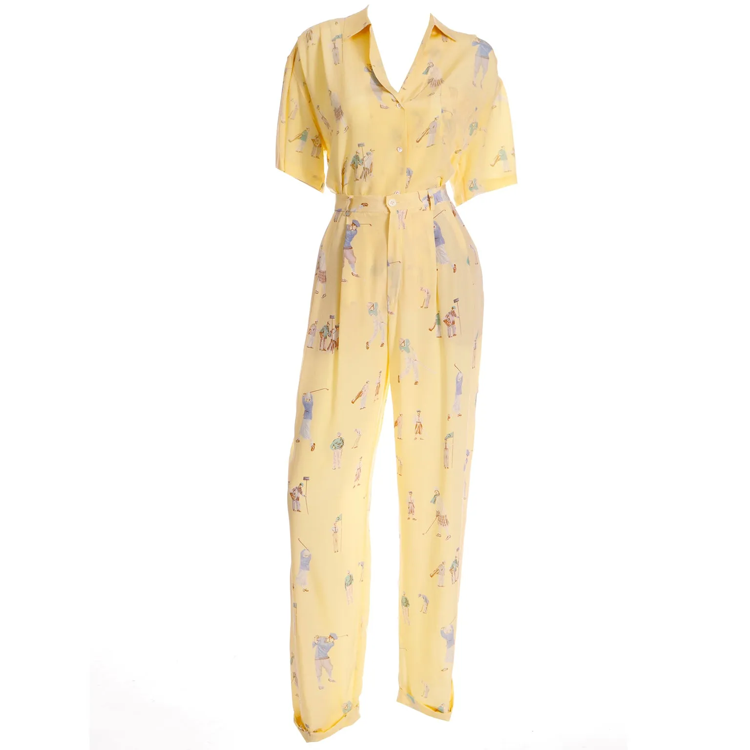 1980s Ralph Lauren Silk Pants & Blouse Outfit in Yellow Golfers Print