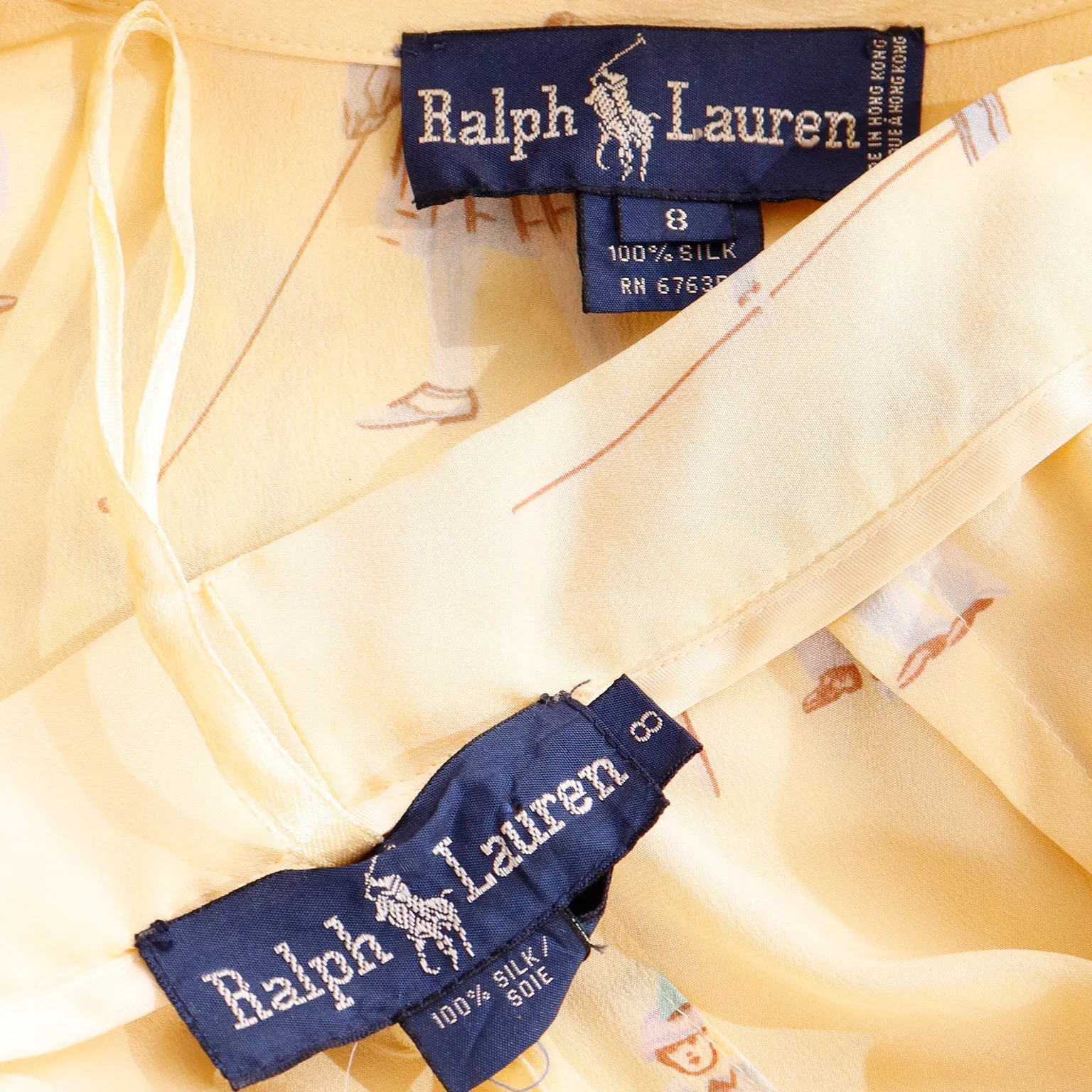 1980s Ralph Lauren Silk Pants & Blouse Outfit in Yellow Golfers Print
