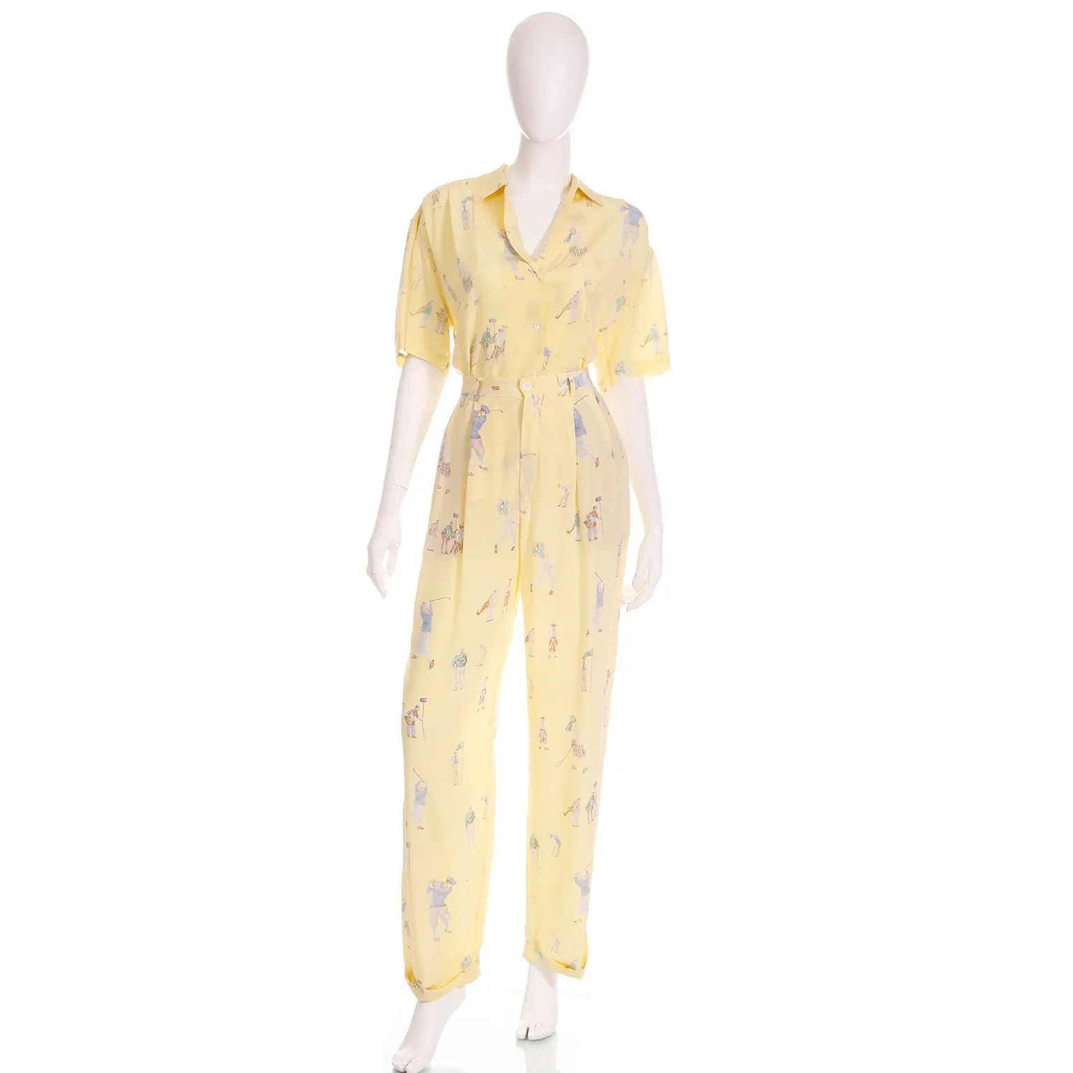 1980s Ralph Lauren Silk Pants & Blouse Outfit in Yellow Golfers Print