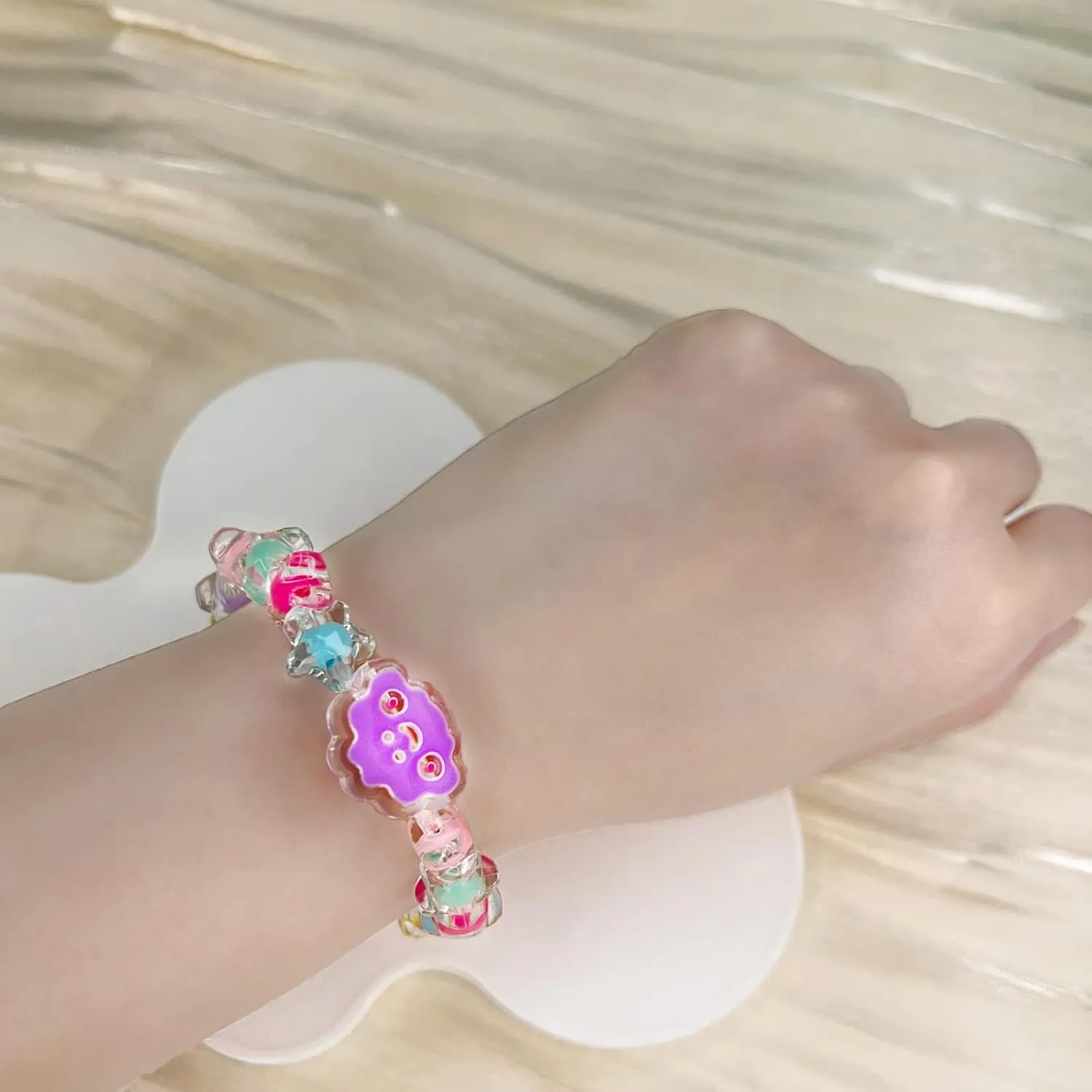 2 Pack Clear Crystal Beaded Bracelet Purple Flower Charm Jewelry Stretchy Princess Bracelets for Party Favor Pretend Play Ornament Friendship Birthday Gifts