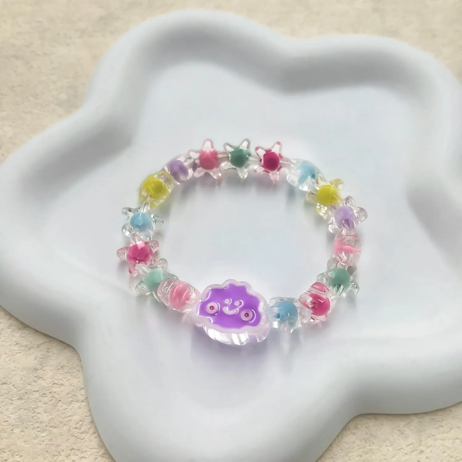 2 Pack Clear Crystal Beaded Bracelet Purple Flower Charm Jewelry Stretchy Princess Bracelets for Party Favor Pretend Play Ornament Friendship Birthday Gifts