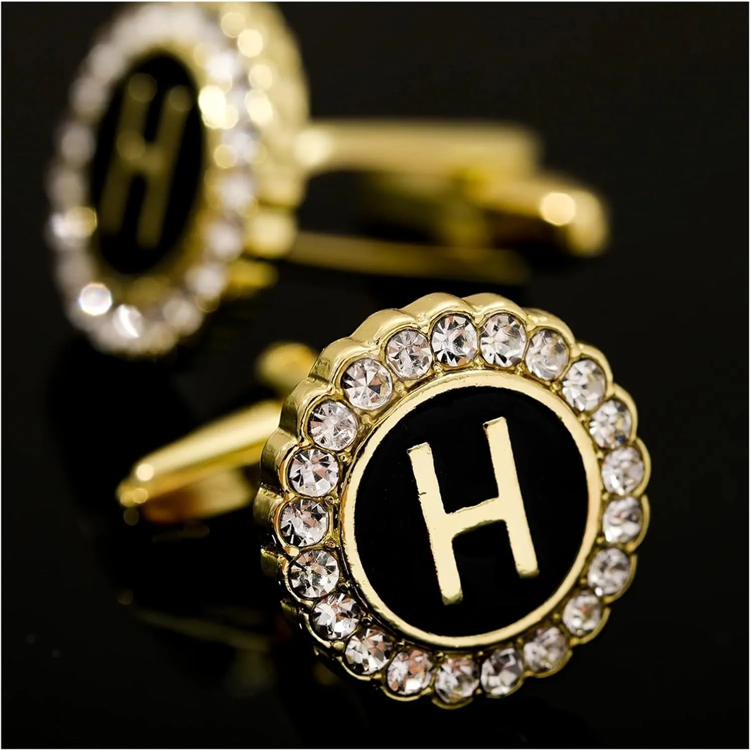 2 Pairs Crystal Around Initial A-Z Cufflinks Alphabet Letter Rhinestone Round Cuff Links for Business Mens(Color-08)