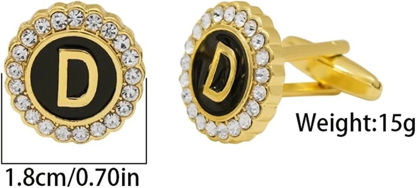 2 Pairs Crystal Around Initial A-Z Cufflinks Alphabet Letter Rhinestone Round Cuff Links for Business Mens(Color-08)