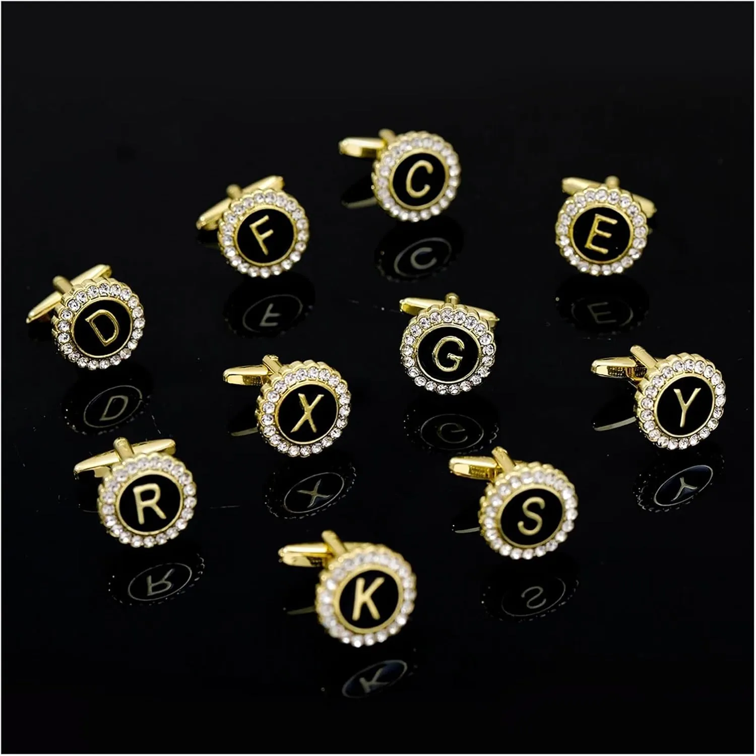 2 Pairs Crystal Around Initial A-Z Cufflinks Alphabet Letter Rhinestone Round Cuff Links for Business Mens(Color-08)