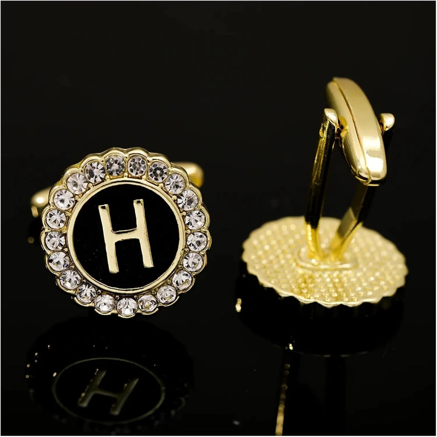 2 Pairs Crystal Around Initial A-Z Cufflinks Alphabet Letter Rhinestone Round Cuff Links for Business Mens(Color-08)