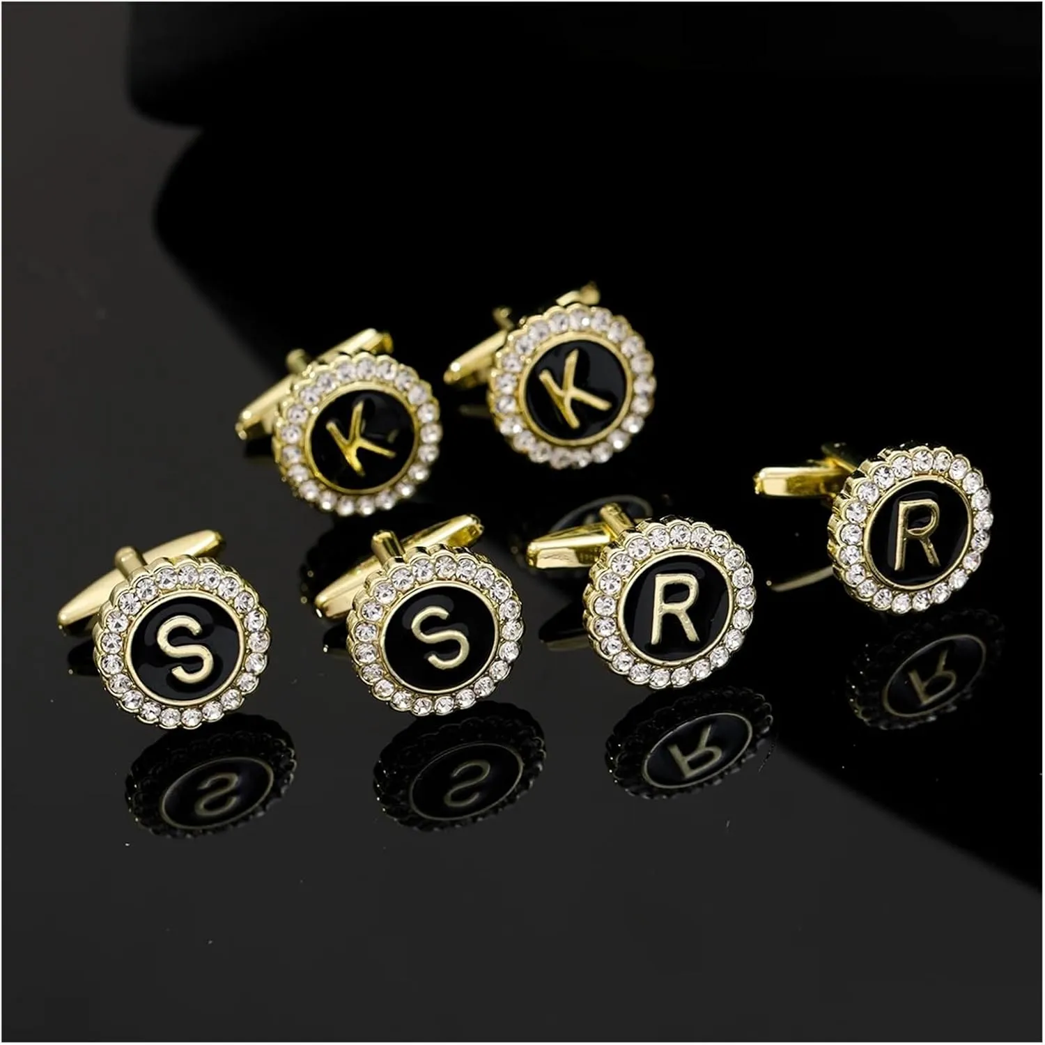 2 Pairs Crystal Around Initial A-Z Cufflinks Alphabet Letter Rhinestone Round Cuff Links for Business Mens(Color-08)