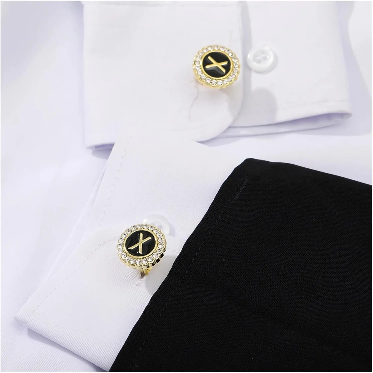 2 Pairs Crystal Around Initial A-Z Cufflinks Alphabet Letter Rhinestone Round Cuff Links for Business Mens(Color-08)